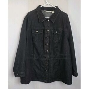 Roamans Womens 24W Black Denim Jacket Long Line Stretch Plus Size Semi-Fitted